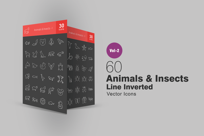 60 Animals & Insects Line Inverted Icons