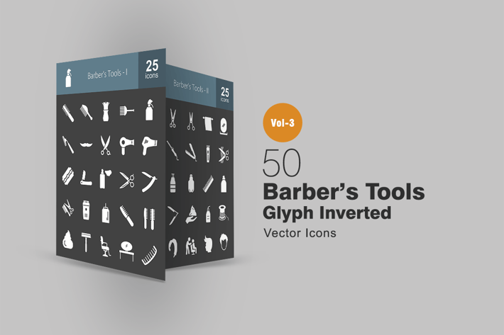 50 Barber’s Tools Glyph Inverted Icons