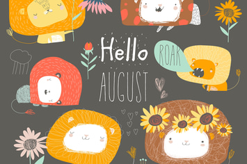 Vector set of cute lions and flowers. Hello august