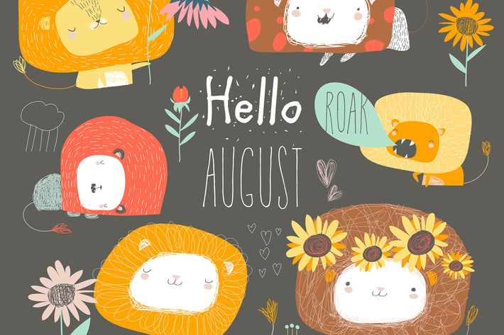 Vector set of cute lions and flowers. Hello august
