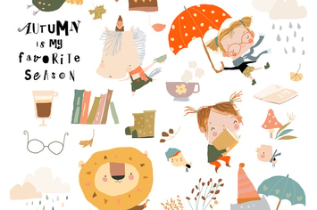 Fall Set with Cute Animals and Funny Kids. Vector 