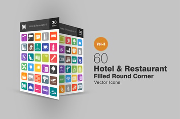 60 Hotel & Restaurant Flat Round Corner Icons