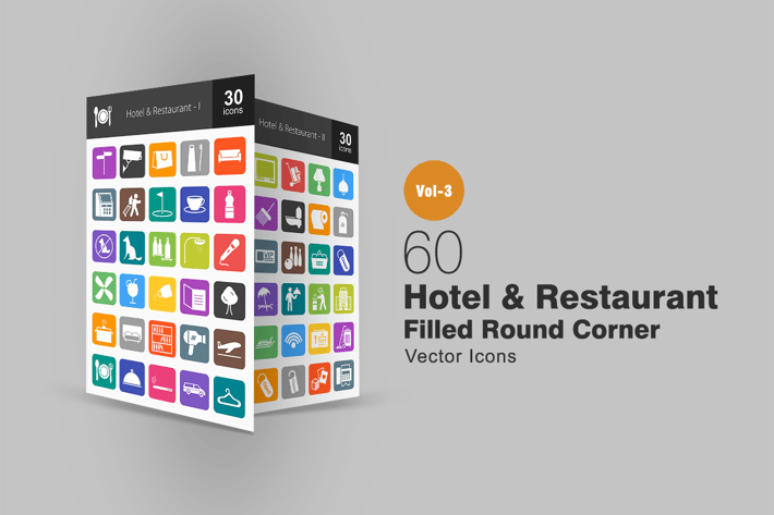 60 Hotel & Restaurant Flat Round Corner Icons