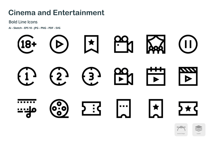 Cinema and Entertainment Bold Line Vector Icons
