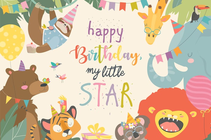 Vector frame with cute animals celebrating Birthda
