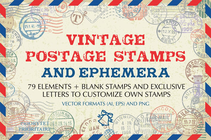 Vintage Postage Stamps And Ephemera Vector Set