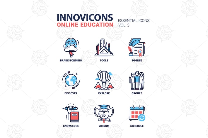 Online Education Icons Set Brainstorming tools