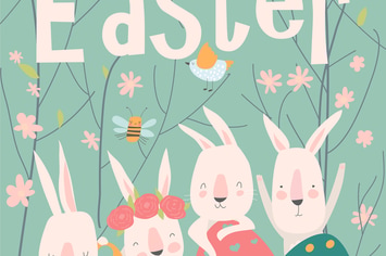 Cute cartoon bunny with Easter eggs and flowers. 