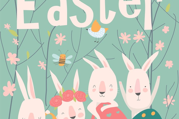Cute cartoon bunny with Easter eggs and flowers. 