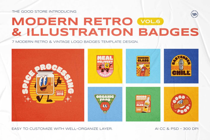 Modern Retro Illustration Logo Badges Set Vol.6