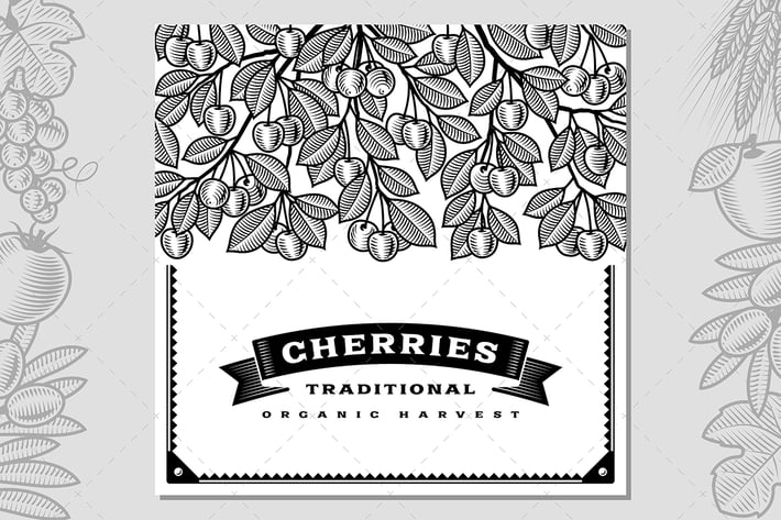 Retro Cherry Harvest Card Black And White