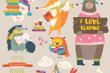 Set of cartoon animals reading books. Vector