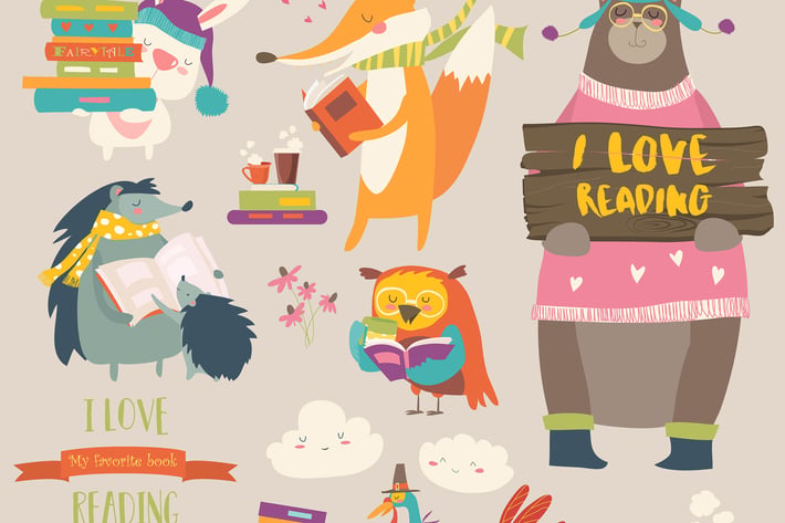 Set of cartoon animals reading books. Vector