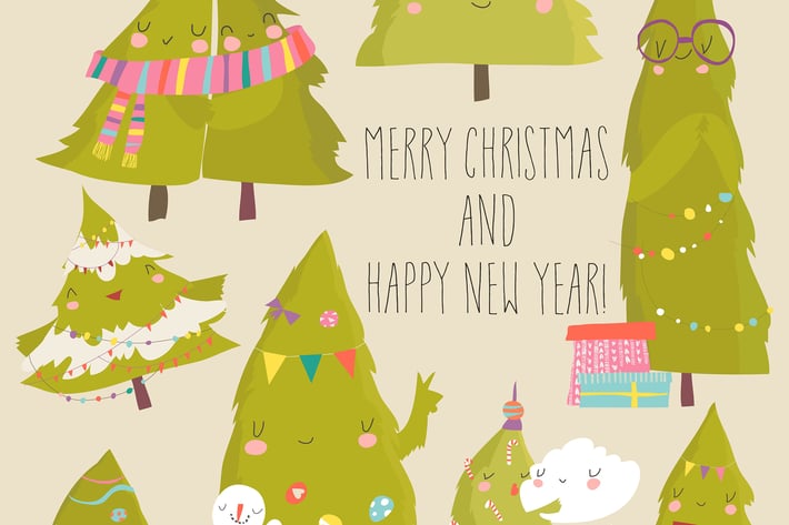Set of cartoon Christmas trees. Vector illustratio