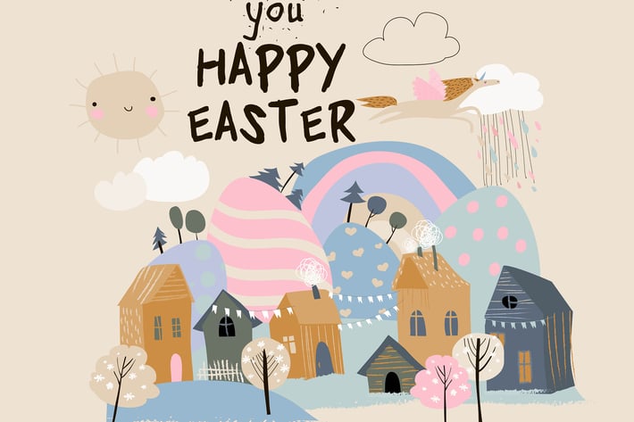 Vector card with little town celebrating Easter