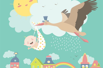 Stork is flying in the sky with baby