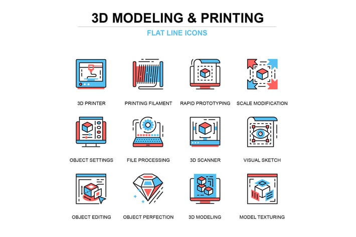 Thin line 3D printing and modeling icons set