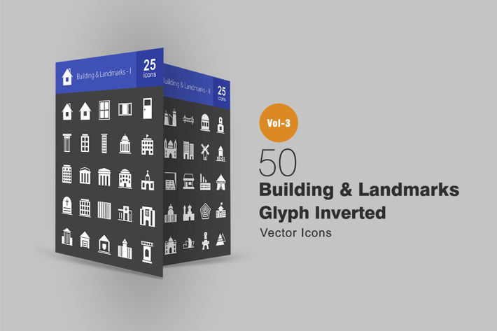 50 Buildings & Landmarks Glyph Inverted Icons