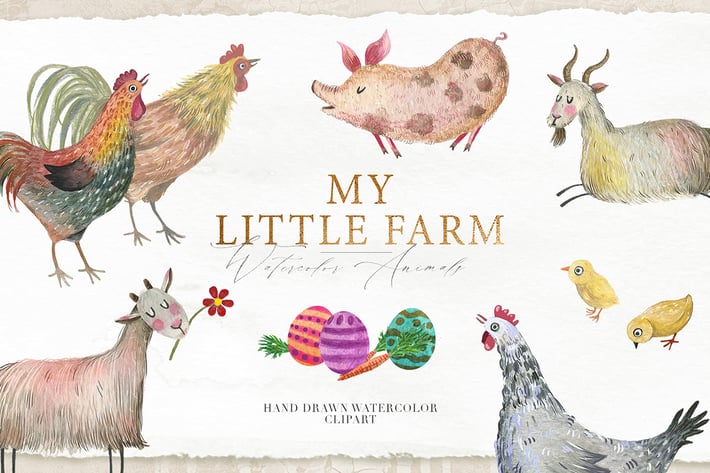 Hand Drawn Animal Farm Watercolor Clipart Set