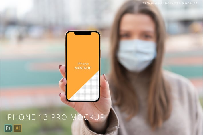 iPhone 12 Pro Person in Face Mask Mockup