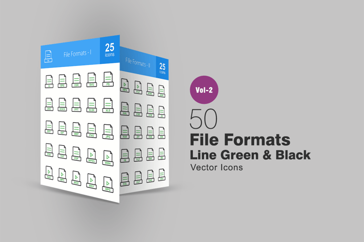 50 File Formats Line Green & Black Icons