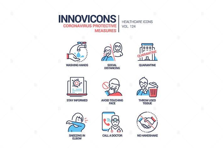 Coronavirus protective measures line design icons