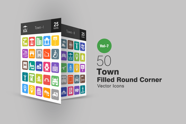 50 Town Filled Round Corner Icons