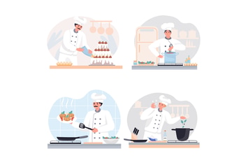 Cooking At Restaurant Concept Scenes Set