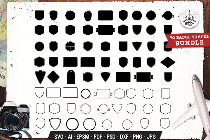 Badges Shapes Set Silhouette, Line Vector Graphic