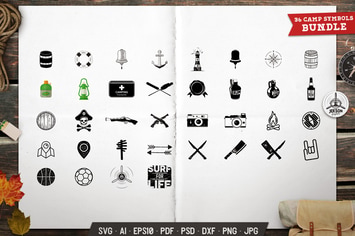 Outdoor Icons Set Silhouette, Line Vector Graphic