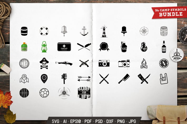 Outdoor Icons Set Silhouette, Line Vector Graphic