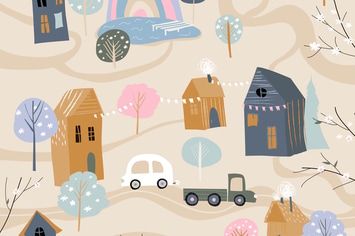 Cute little village with blossom trees in cartoon 