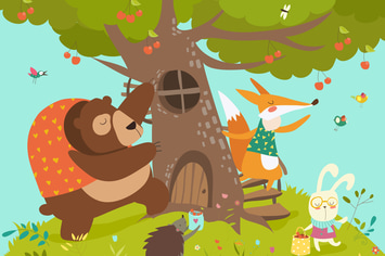 Cute animals harvesting cherries. Happy summer. 
