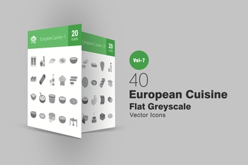 40 European Cuisine Flat Greyscale Icons