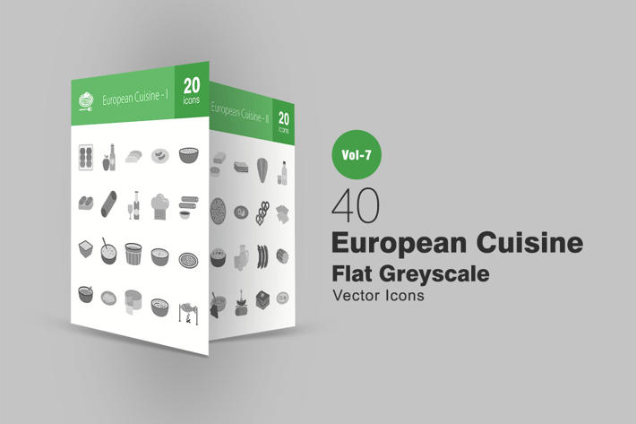 40 European Cuisine Flat Greyscale Icons