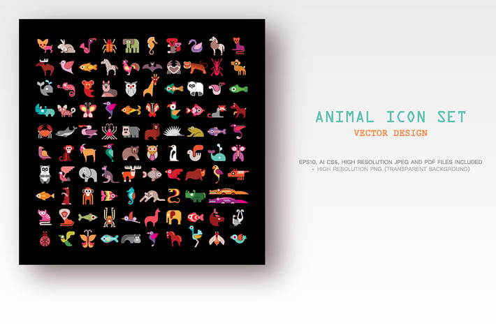 Animal vector icon set isolated on a black