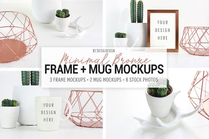 Picture frame and mug mockups, Minimal bronze 