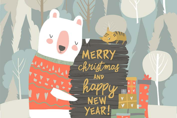 Cute cartoon bear celebrating Christmas. Vector 