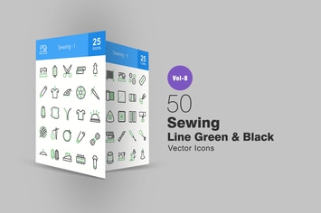 50 Sewing Green & Black Line Icons