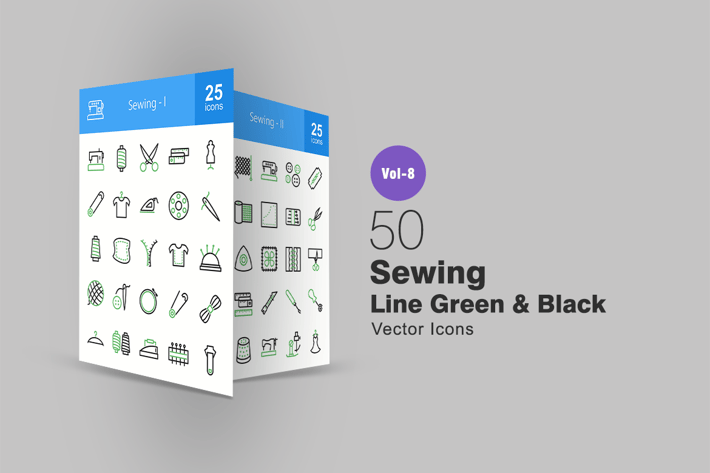50 Sewing Green & Black Line Icons