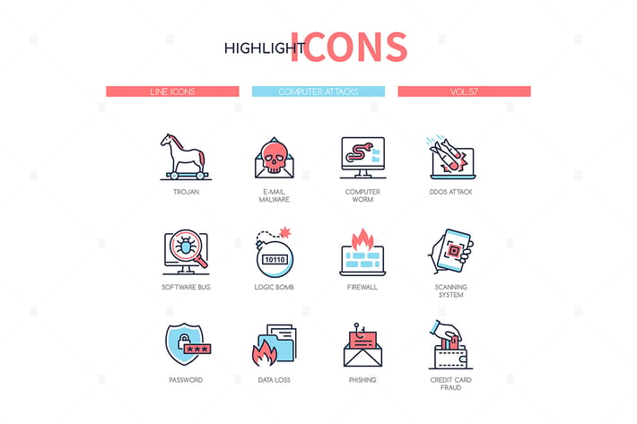 Computer attacks - line design style icons set
