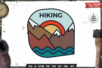 Hiking Line Art Emblem Modern Badge. Retro Camp