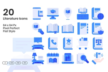 20 Literature Icons Set - Flat
