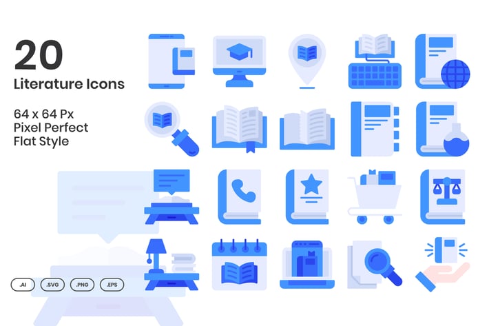 20 Literature Icons Set - Flat