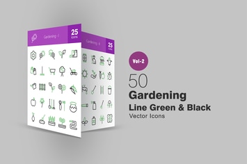 50 Gardening Line Green & Black Icons