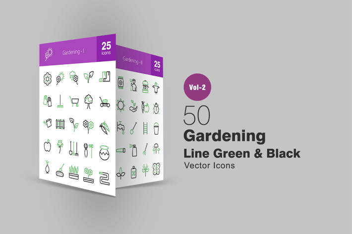 50 Gardening Line Green & Black Icons