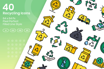 40 Recycling Icons Set - Filled Line