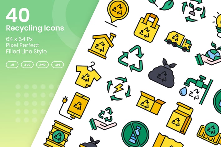 40 Recycling Icons Set - Filled Line