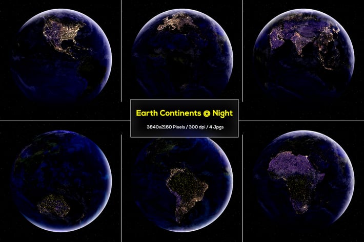 6 Earth Continents at Night