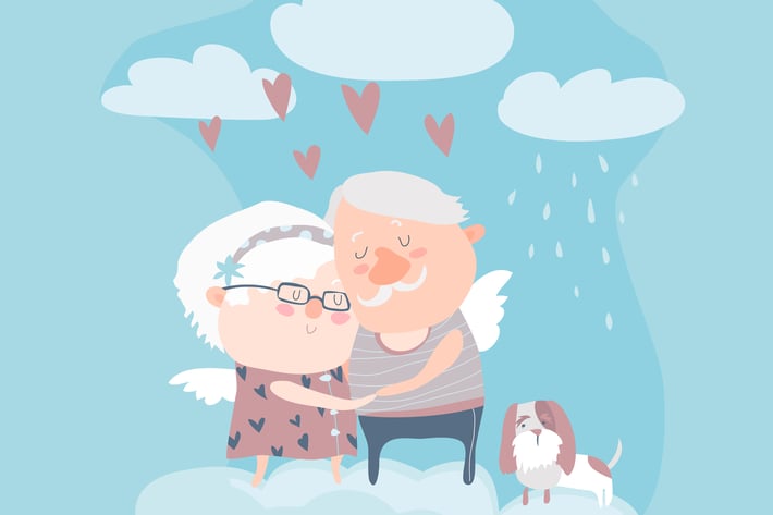 Couple of elderly angels hugging. Vector 